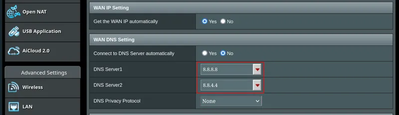 A router's WAN settings page with fields for primary and secondary DNS servers.