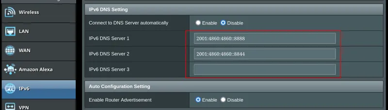 A router's IPv6 WAN settings page with fields for IPv6 DNS servers.
