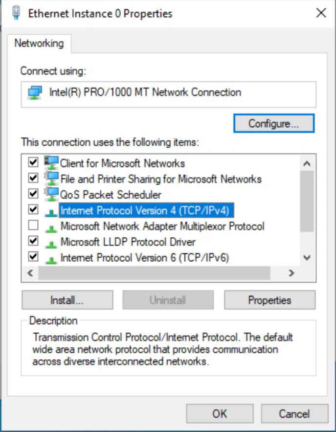 The adapter properties dialog with Internet Protocol Version 4 and Version 6 in the list.