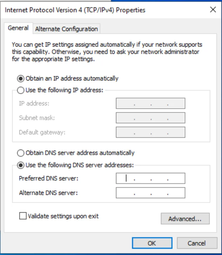 The IPv4 properties dialog with 'Use the following DNS server addresses' selected and empty preferred and alternate DNS fields.