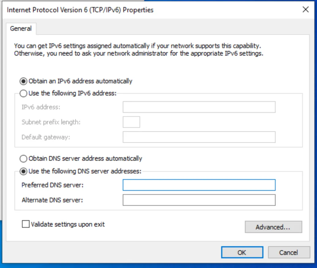 The IPv6 properties dialog with preferred and alternate DNS server fields.